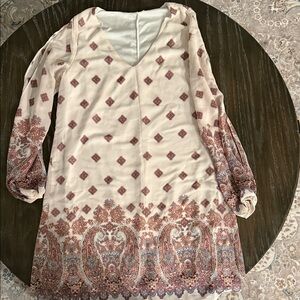 Boho Paisley V-Neck Tunic Dress in Cream & Rust